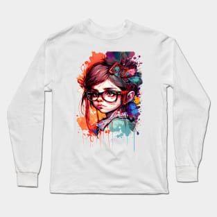 Cartoon Little Girl with Gelasses color Long Sleeve T-Shirt